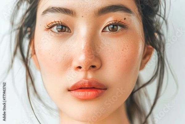 Obraz Female Asian beauty care models face front close up. with soft clean perfect skin looking at camera, Generative Ai