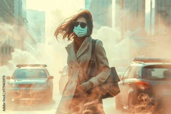 Obraz Women Wearing a face mask, carrying a bag, walking In the city, on the side of the road, there are cars driving behind. Filled with thick dust, Generative Ai