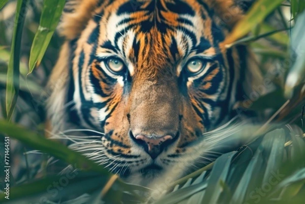 Fototapeta Intense close up of the piercing eyes of a wild tiger lurking in the dense jungle underbrush highlighting the majestic and fearsome beauty of the animal , Generative Ai