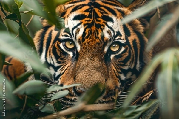 Obraz Intense close up of the piercing eyes of a wild tiger lurking in the dense jungle underbrush highlighting the majestic and fearsome beauty of the animal , Generative Ai