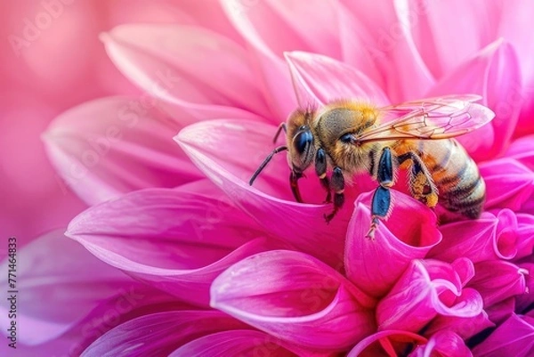 Obraz Macro close up of a bee meticulously pollinating a bright pink flower showcasing the intricate textures and natural beauty of the interaction, Generative Ai