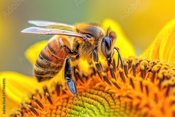 Obraz Macro close up of a bee meticulously pollinating a bright yellow flower showcasing the intricate textures and natural beauty of the interaction, Generative Ai
