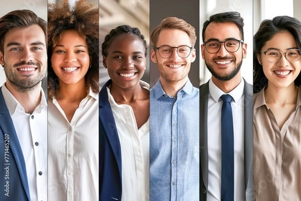 Fototapeta Smiling diverse business people group headshots portraits horizontal banner collage, Generative Ai