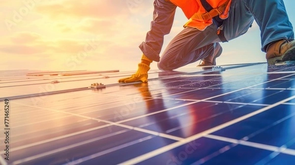 Obraz Technician installing solar panels on a roof, setting up photovoltaic solar panel system, Generative Ai