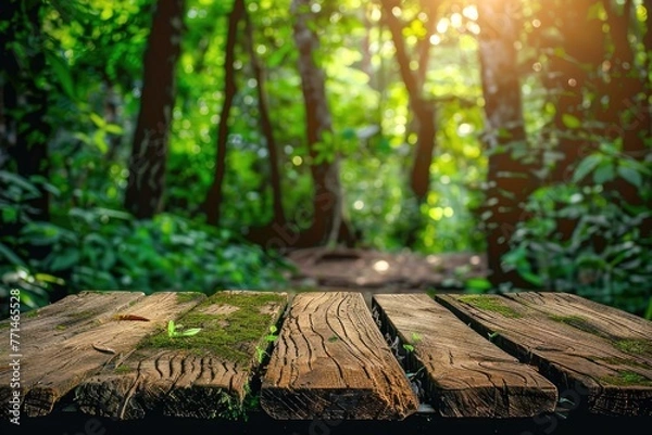 Fototapeta Empty wooden table in a lush forest background , light brown rim light environmental, Generative Ai