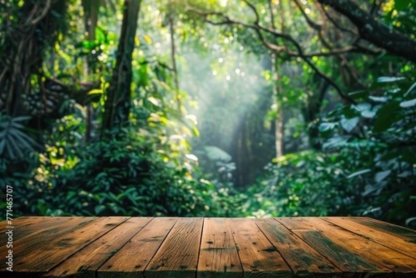 Obraz Empty wooden table in a lush forest background , light brown rim light environmental, Generative Ai