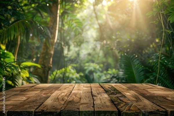 Obraz Empty wooden table in a lush forest background , light brown rim light environmental, Generative Ai