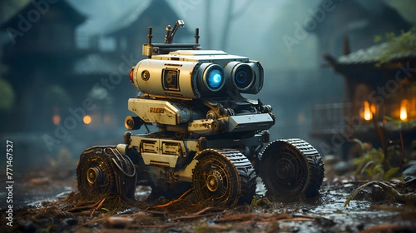 Fototapeta A broken cleaning robot with four wheels and two lights on its head, in the mud of an abandoned village at night, sci-fi concept wallpaper