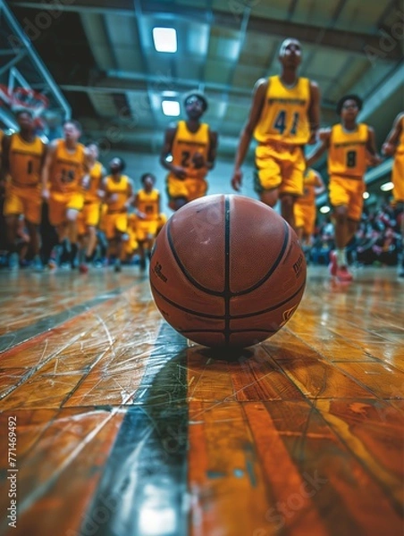 Fototapeta Basketball on Shiny Floor with Players in Back