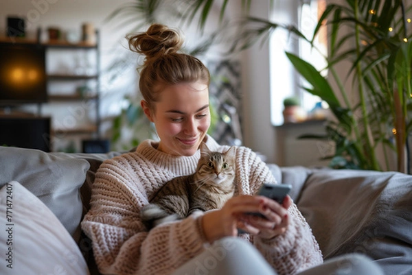 Fototapeta Happy Woman Relaxing on Couch with Cat While Using Smartphone