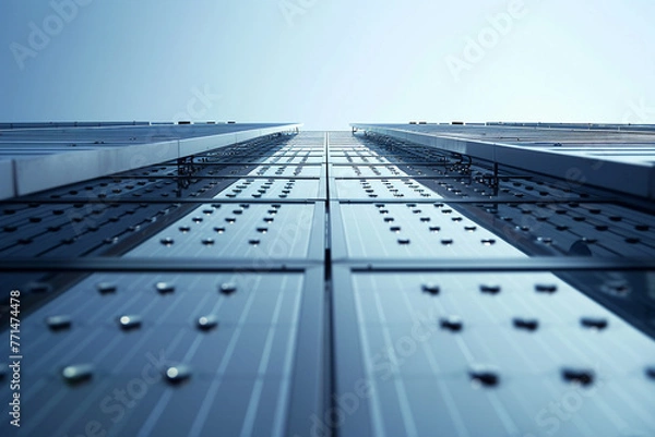 Fototapeta Photovoltaic panels on a corporate building, symbolizing the integration of green energy and solar innovation in business environments.