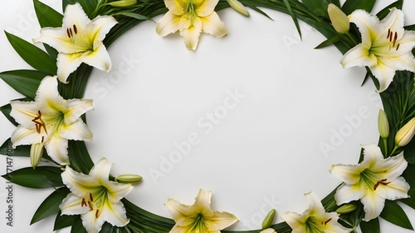 Fototapeta a circle, a frame of lily flowers on a white background. text space