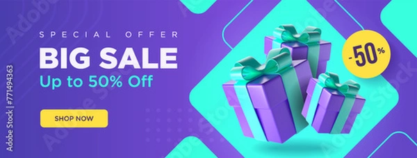 Obraz Big sale long banner with purple and blue colors. A couple of gift boxes with discount label. Vector illustration.