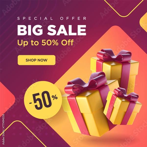 Obraz Big sale square banner with burgundy orange and yellow gradients. A couple of gift boxes with discount label. Vector illustration.