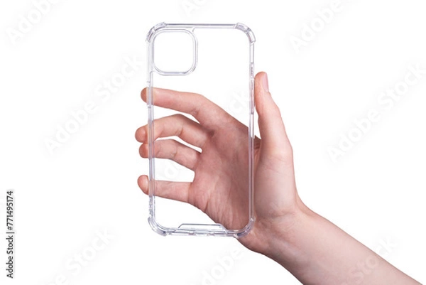 Obraz Clear iPhone 15 plus case isolated on white background. Silicone case in a female hand. Phone case mock up. Holding phone cover in hand