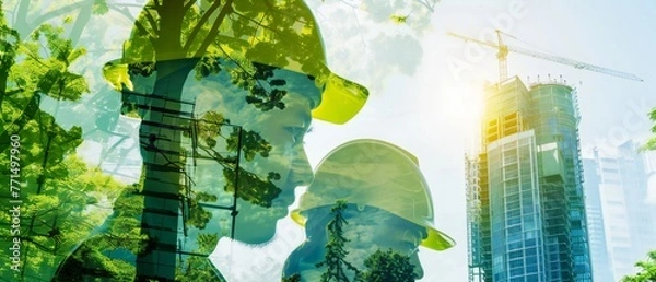 Fototapeta Double exposure of construction workers and urban development. Eco-friendly building sustainability