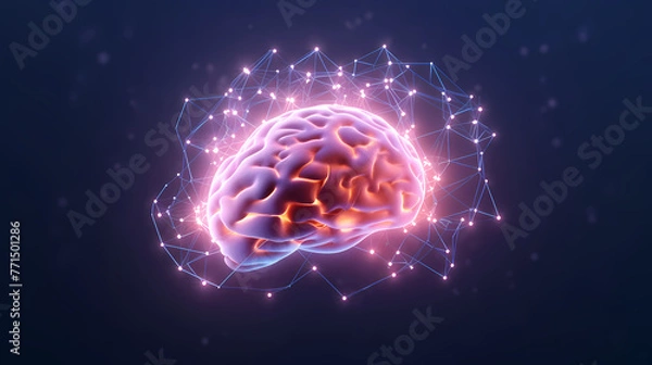Fototapeta 3D Human Brain With Connection Dots And Plexus Lines. Artificial Intelligence And Deep Learning Concept. 3D Rendering