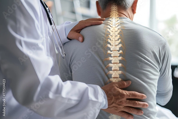 Fototapeta Doctor osteopath checking medical examination of spine on man's back and neck, indication of back pain. Spine is illuminated as bones. Improper posture, spinal curvature and osteochondros. Generate AI