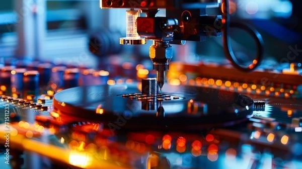 Fototapeta A machine (Pick and Place) takes tiny silicon parts (dies) from a semiconductor wafer and places them on a base (substrate) for computer chip production.