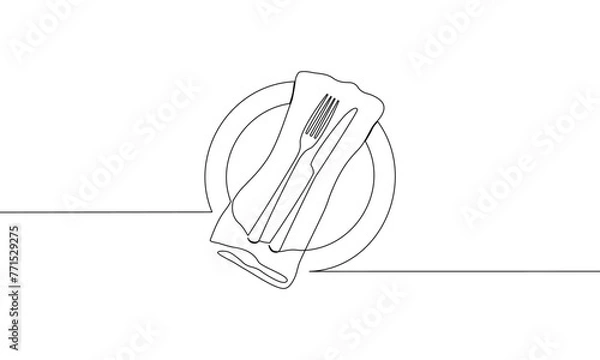 Fototapeta One continuous line drawing of dinnerware. Napkin, fork, plate and knife