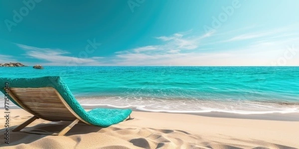 Fototapeta Beach view with lounge chairs and wicker basket