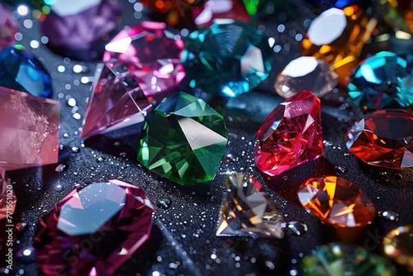 Fototapeta Jewel on white shine color, Collection of many different natural gemstones amethyst, lapis lazuli, rose quartz, citrine, ruby, amazonite, moonstone, labradorite, chalcedony, blue topaz	

