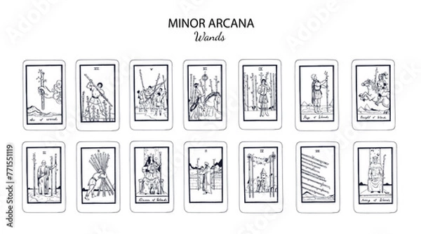 Obraz Set of Wands in occult tarot cards deck. Minor arcanas designs set with Ace, Knight, King, Queen, Page of Wands signs and symbols in modern style. Isolated sketch engraved vector illustrations