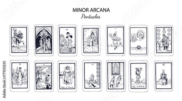 Obraz Set of Pentacles, in occult tarot cards deck. Minor arcanas designs set with Ace, Knight, King, Queen, Page of Pentacles signs and symbols in modern style. Isolated han drawn  vector illustrations

