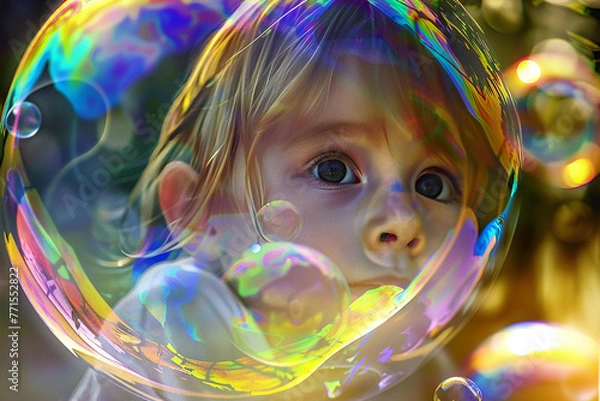 Obraz A child's dreamy gaze reflected in a giant soap bubble, the world around them awash with rainbow hues, super realistic