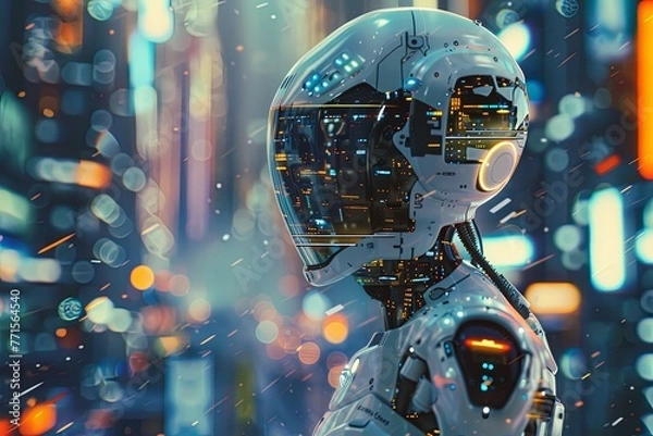 Fototapeta A robot stands amidst urban buildings and city lights at night, showcasing futuristic technology and innovation. Generative AI