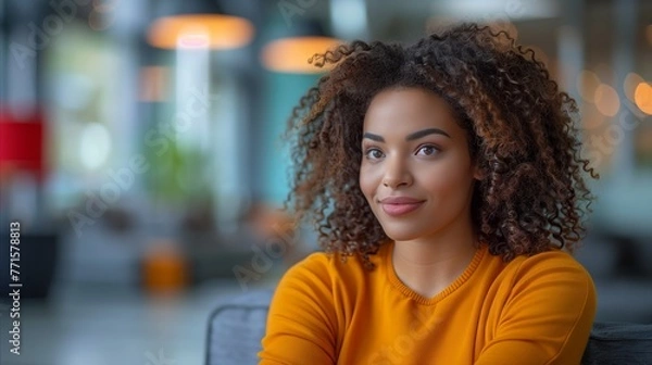 Fototapeta Portrait of a Young Woman Smiling in Indoor Setting