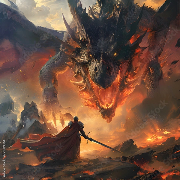 Obraz An epic battle between a brave armored paladin warrior and a giant epic fire dragon in a fantasy realm of myth and legend