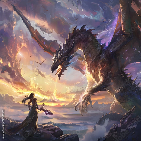 Obraz An epic battle between a colossal dragon and a legerndary magical female wizard sorceress
