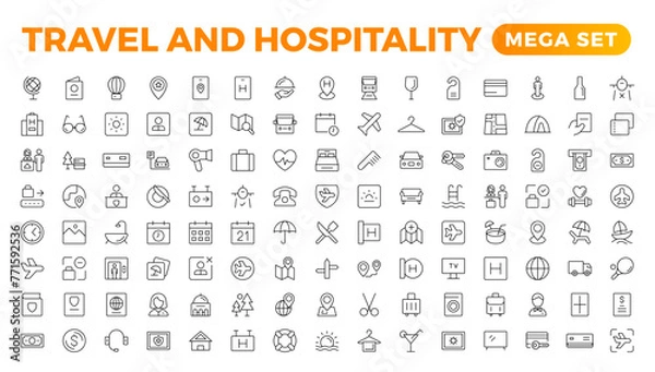 Fototapeta Set of outline icons related to the hospitality industry. Editable stroke. Vector illustration.Travel set. Summer vacations and holiday symbol vector illustration. traveling tourism elements.