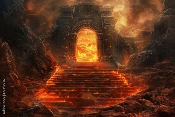Fototapeta Gate to hell with steps and fire