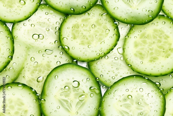 Fototapeta fresh cucumber slices with water drops seamless pattern on white background