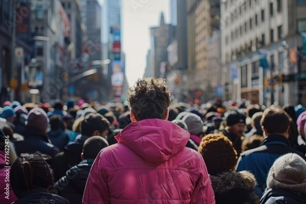 Fototapeta Man standing out from large crowd of people in the middle of the street
