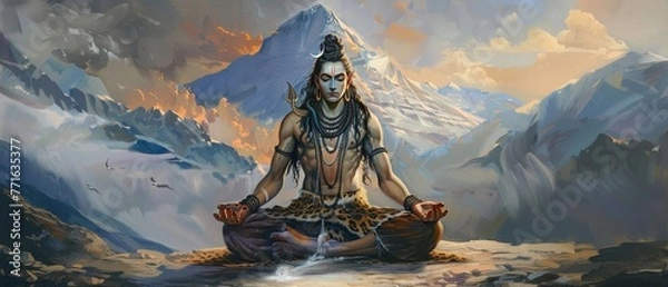 Fototapeta Shiva in meditation on Mount Kailash with the Ganga flowing from his matted hair embodying destruction and renewal