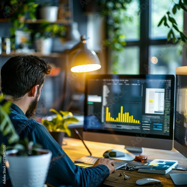 Obraz Person working from home behind two screens