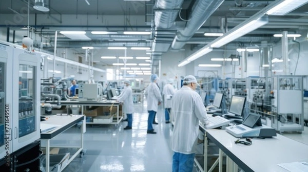 Fototapeta A high-tech cleanroom facility with technicians in lab coats working on precision manufacturing or research in a controlled environment.