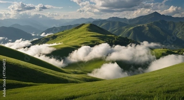 Fototapeta landscape in the summer, green mountain, clouds on mountains, clouds on green grass, beautiful view