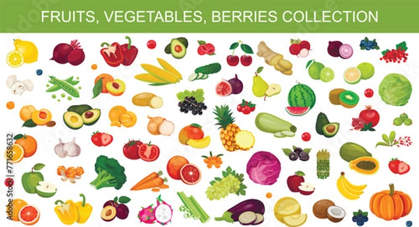 Fototapeta Set of berries and fruits, vegetables on a white background. Vector icon	
