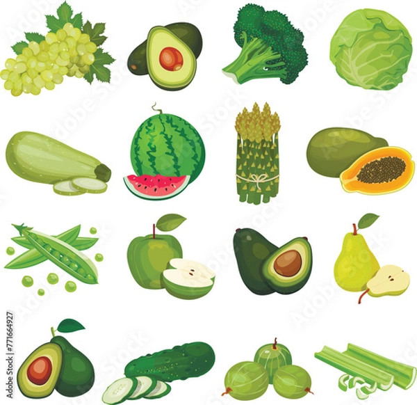 Fototapeta Set of berries and fruits, vegetables on a white background. Vector icon	
