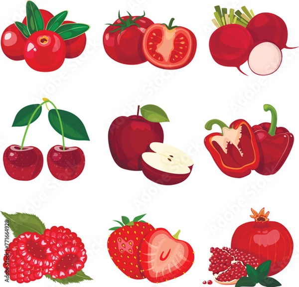 Fototapeta Set of berries and fruits, vegetables on a white background. Vector icon	
