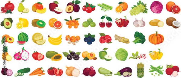 Fototapeta Set of berries and fruits, vegetables on a white background. Vector icon	
