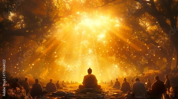 Fototapeta Buddha delivering his first sermon in the Deer Park at Sarnath with radiant beams of light symbolizing enlightenment