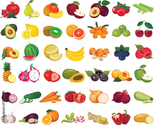 Fototapeta Set of berries and fruits, vegetables on a white background. Vector icon	
