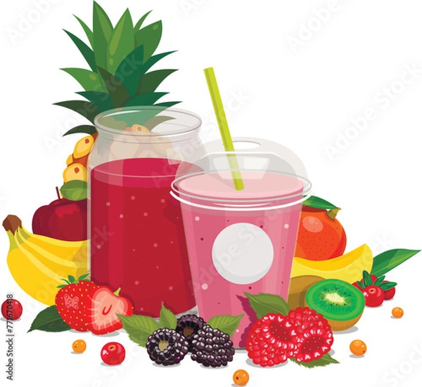 Fototapeta Plastic cups with smoothies, fruits and vegetables. Vector composition