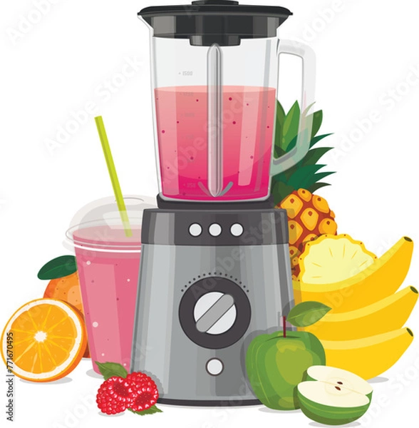 Fototapeta Blender mixer, with fruit, berries, vegetables. Smoothies and juice. Vector	
