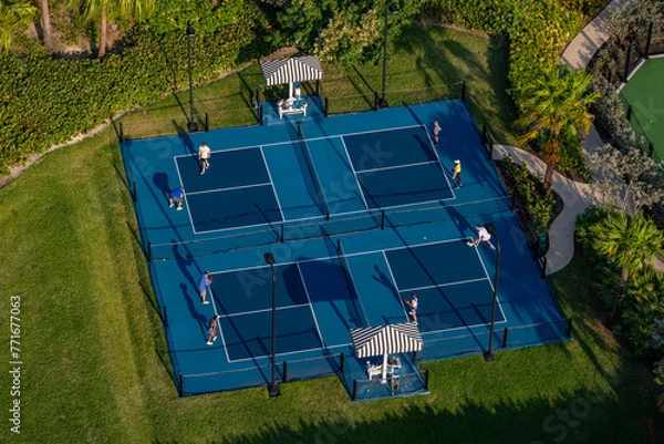Fototapeta View of pickle ball courts from the roof of a resort in Nassau, Bahamas.